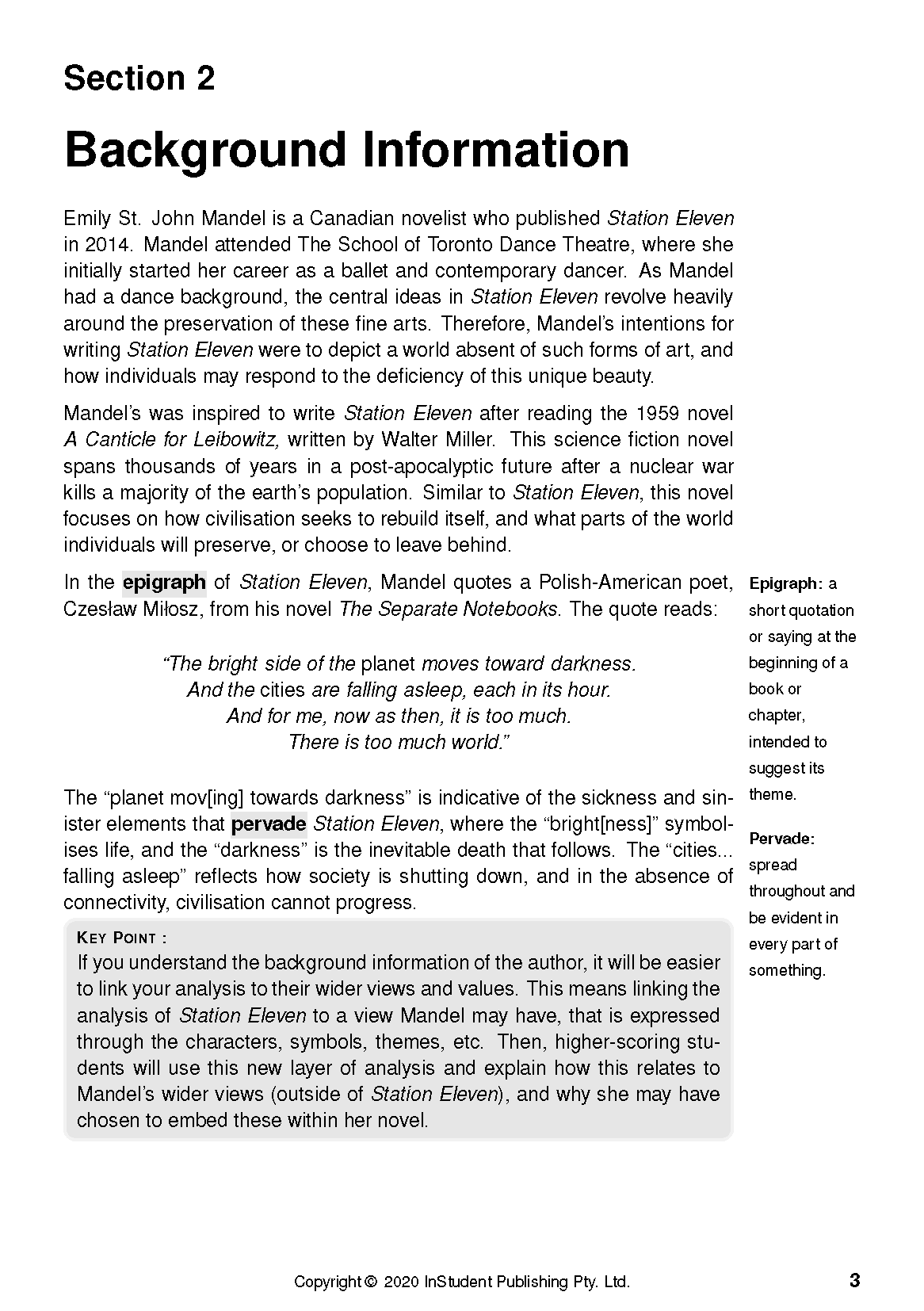 White text guide page featuring 'Section 2 Background Information' about Station Eleven, with a quote and definitions.