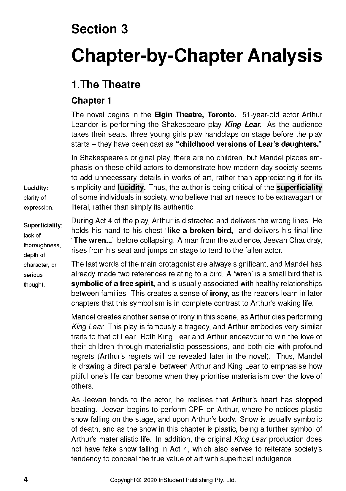 White text guide page with black print, featuring a chapter analysis of "Station Eleven" and "King Lear."