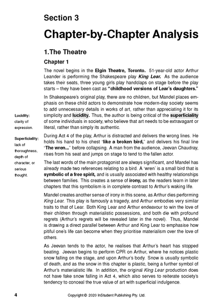 White text guide page with black print, featuring a chapter analysis of "Station Eleven" and "King Lear."