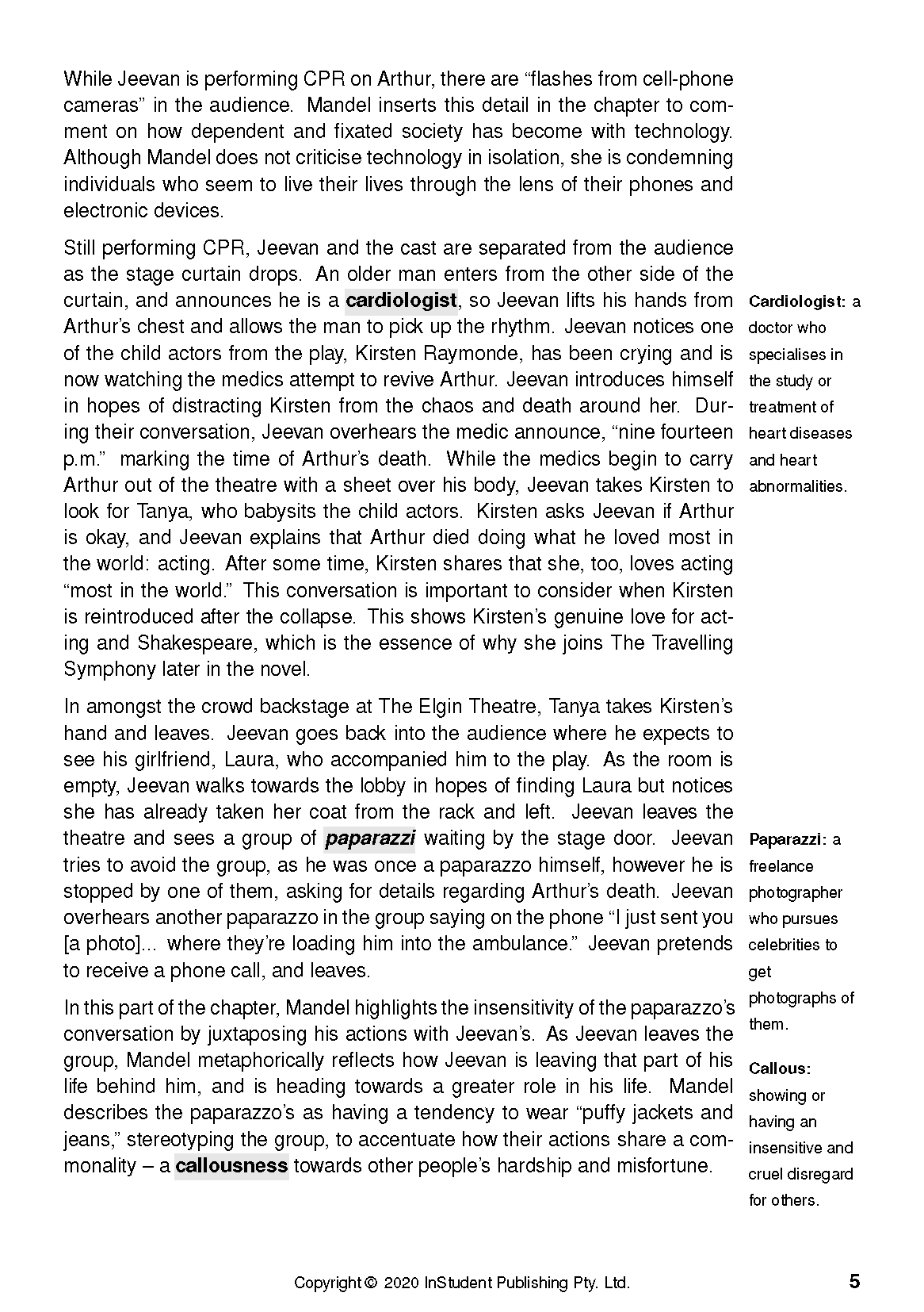 Text guide page with black text on a white background, featuring highlighted words, definitions in a sidebar, and page number 5.