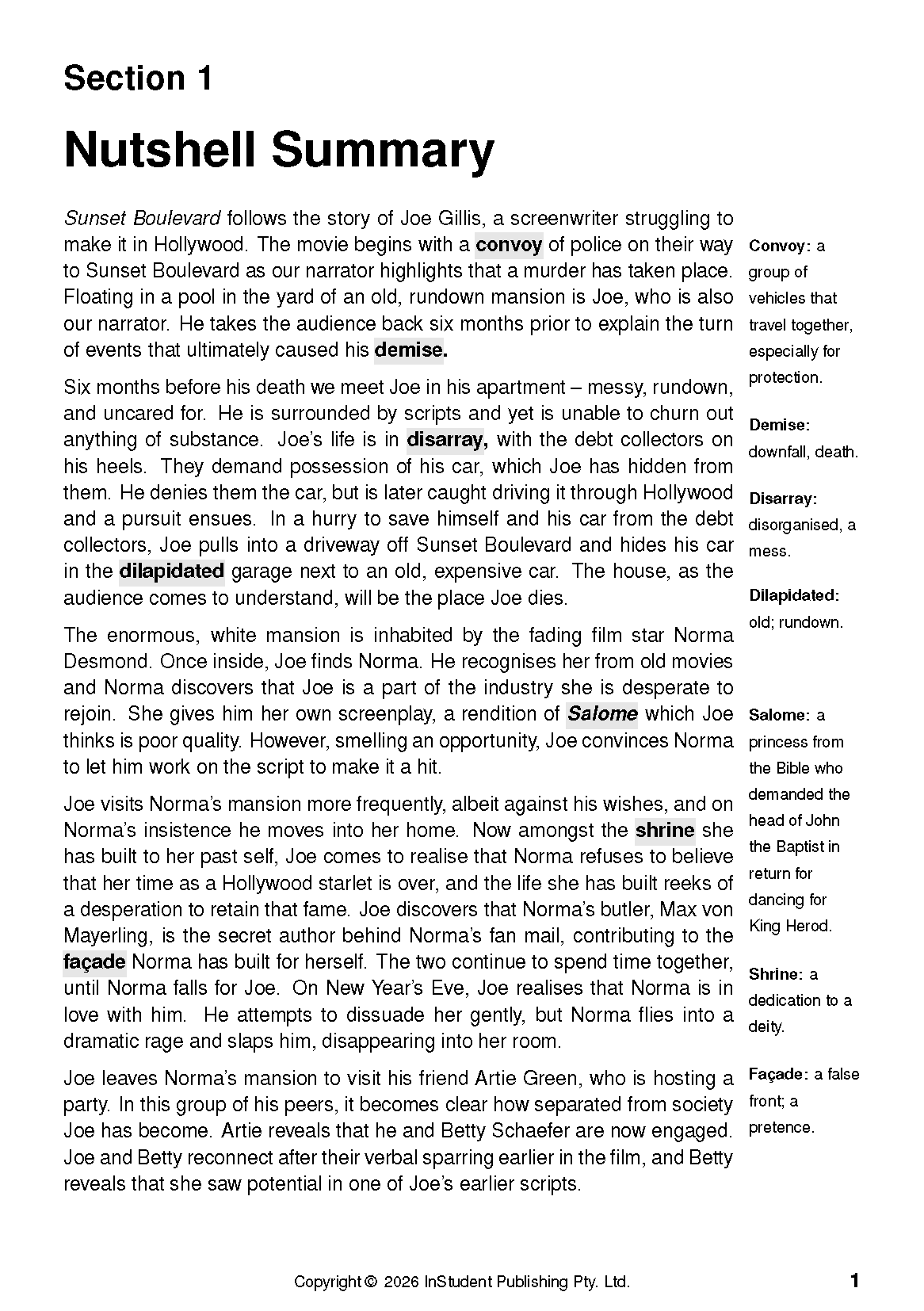 ATAR Notes Text Guide: Sunset Boulevard by Billy Wilder