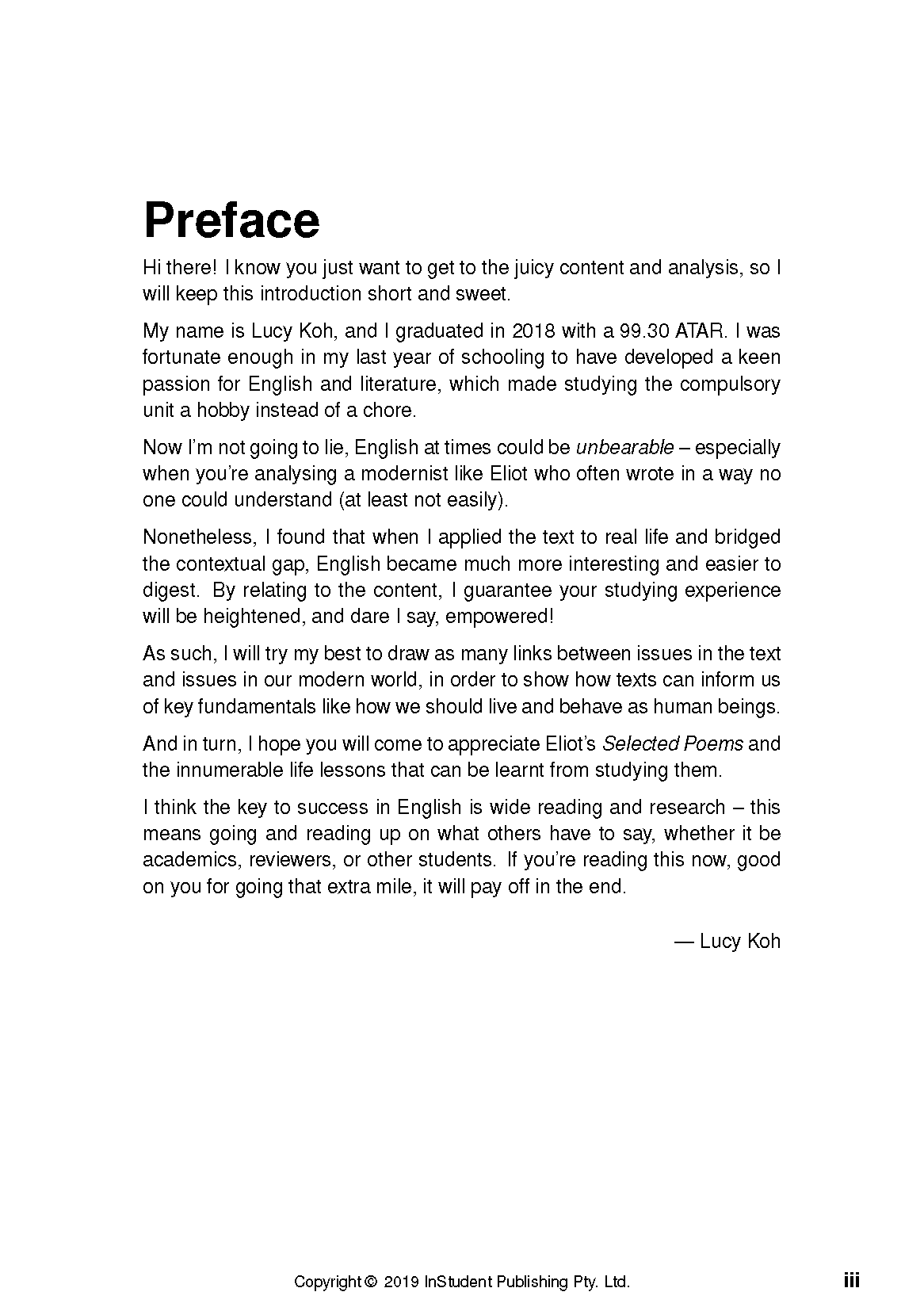Text Guide for T.S. Eliot's Selected Poems by InStudent Publishing, featuring a white page with a 'Preface' title and Lucy Koh's signature.