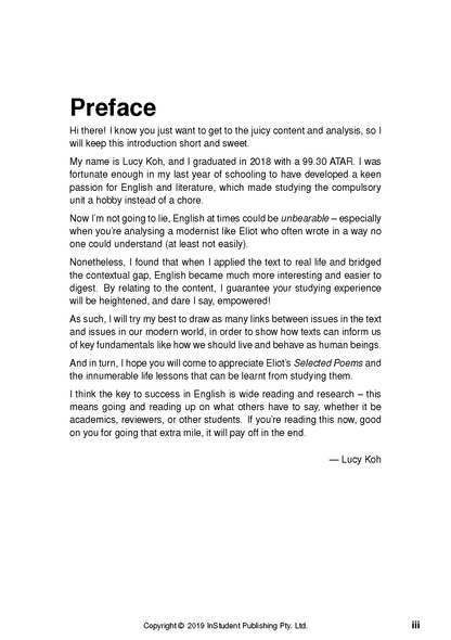 Text Guide for T.S. Eliot's Selected Poems by InStudent Publishing, featuring a white page with a 'Preface' title and Lucy Koh's signature.