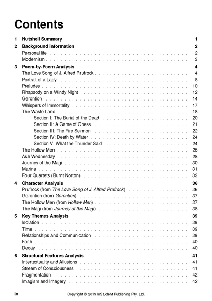 Text guide's table of contents page featuring analyses of T.S. Eliot's poems, including sections on character analysis and structural features.
