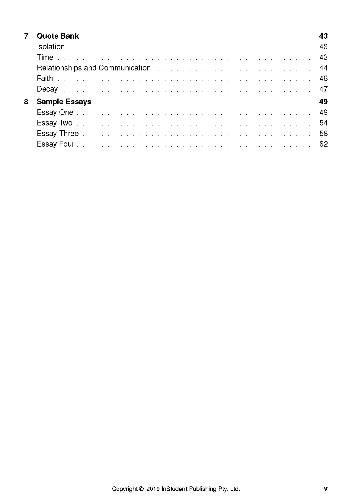 Text guide page showing sections like 'Quote Bank' and 'Sample Essays' with page numbers on a white background.