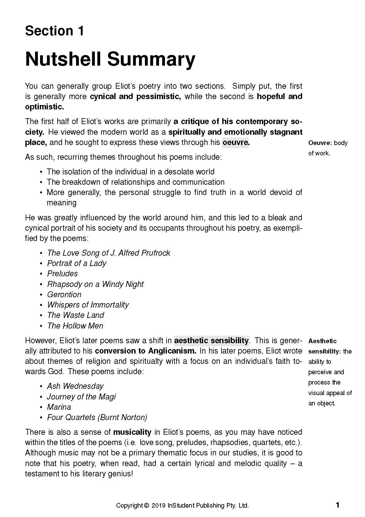 Text guide page with black text on a white background, displaying a "Nutshell Summary" of T.S. Eliot's poetry.