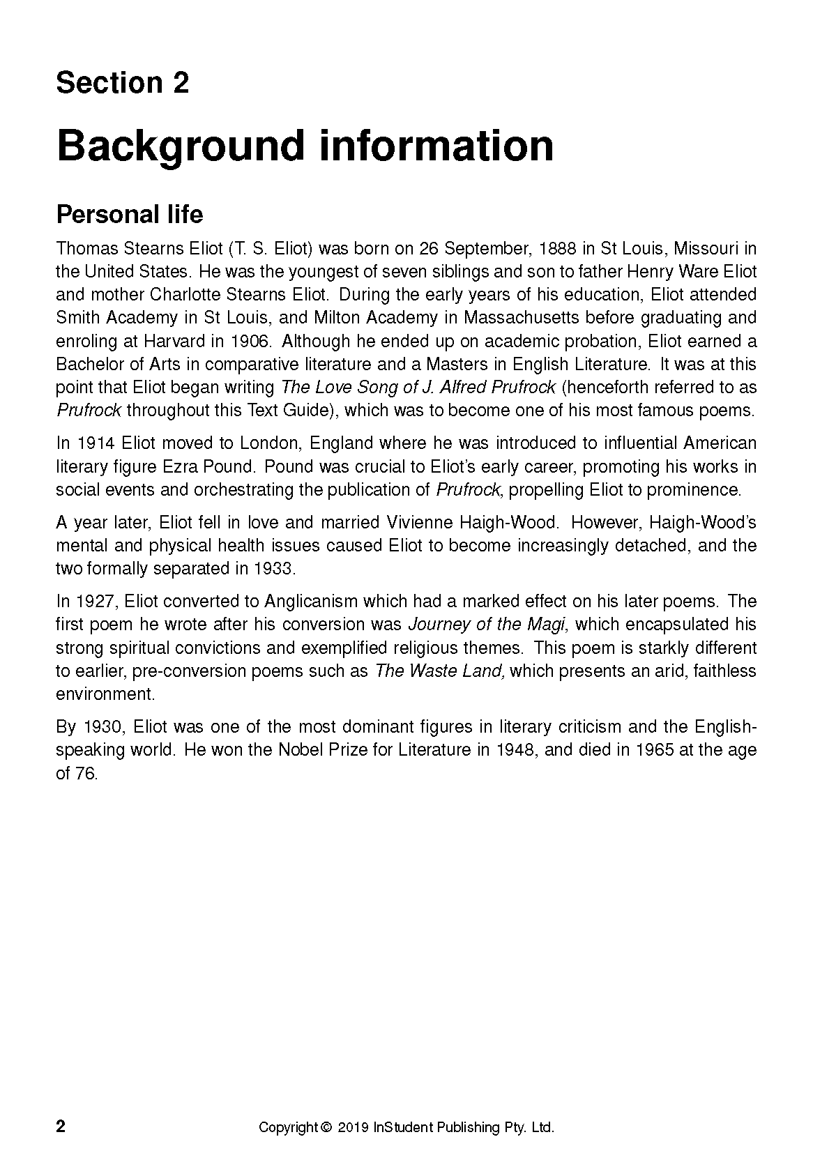Text Guide page displaying background information and personal life details of T.S. Eliot, with headings "Section 2" and "Background information."