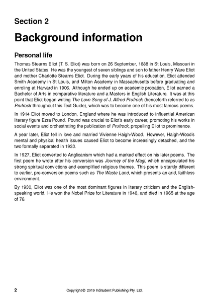 Text Guide page displaying background information and personal life details of T.S. Eliot, with headings "Section 2" and "Background information."