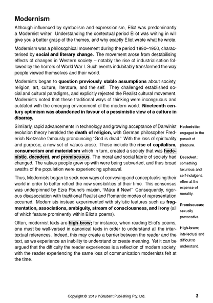Text guide page discussing Modernism, with highlighted literary terms and definitions including Hedonistic, Decadent, Promiscuous, and High-brow.