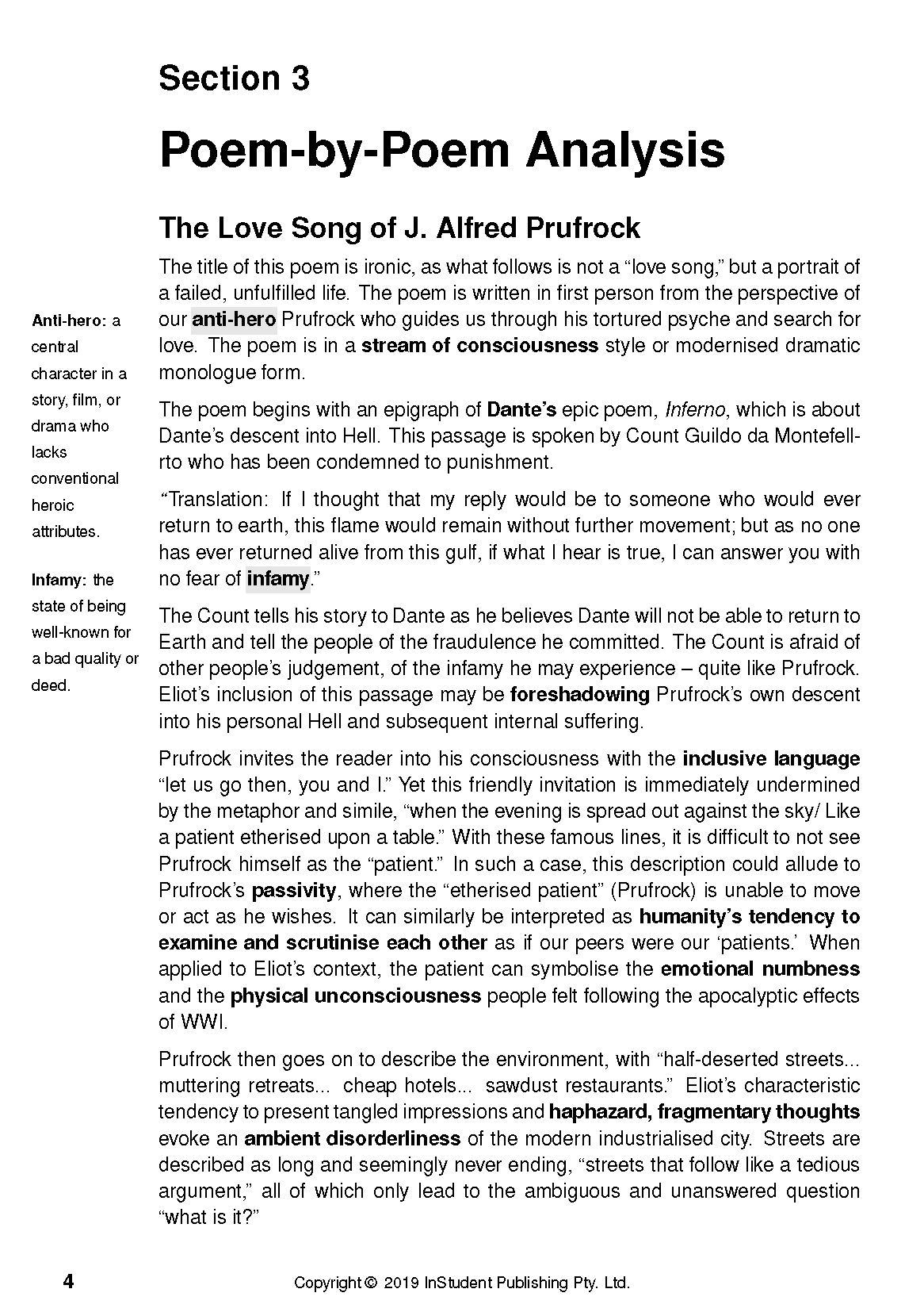 Text Guide page featuring black text on a white background, with poem analysis, bolded terms, and marginal definitions.