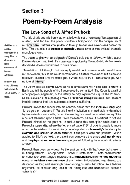 Text Guide page featuring black text on a white background, with poem analysis, bolded terms, and marginal definitions.