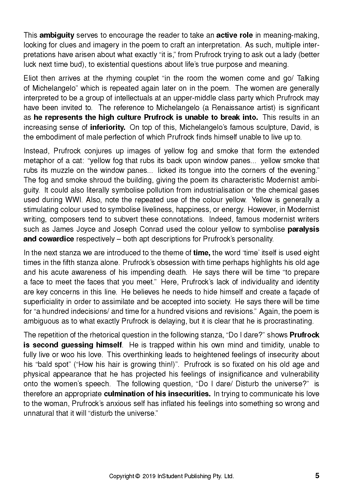 Text guide page with black text analyzing T.S. Eliot's poems on a white background, showing page number 5.