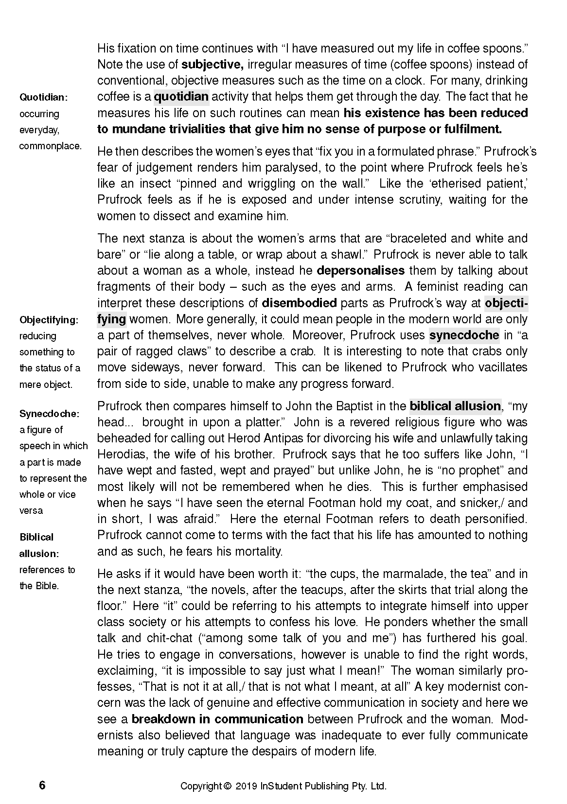 Text Guide page with definitions for "Quotidian," "Objectifying," "Synecdoche," "Biblical allusion," and analysis of T.S. Eliot's "Prufrock."