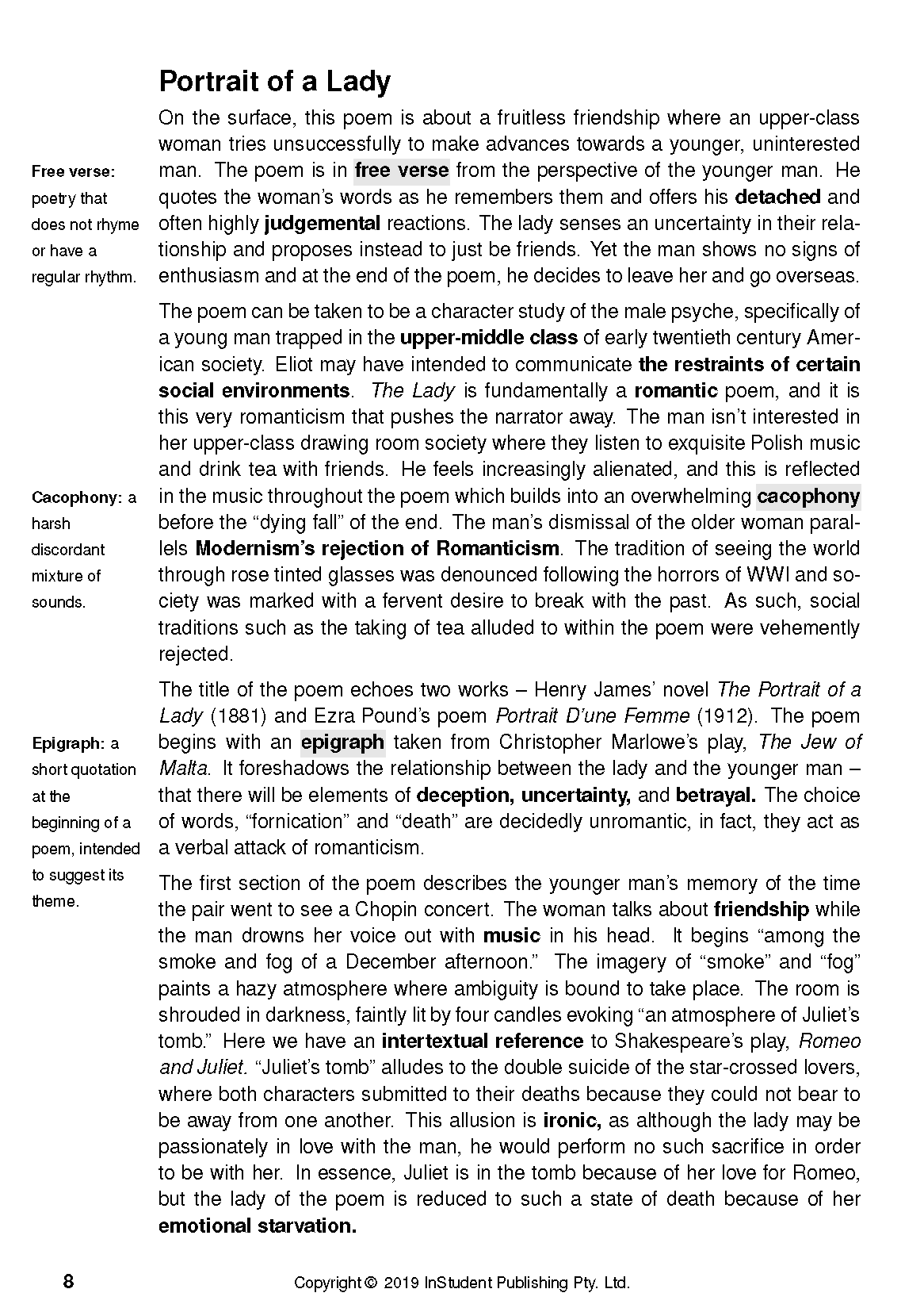 Text Guide page from InStudent Publishing Pty. Ltd. featuring black text, definitions, and commentary on a poem.