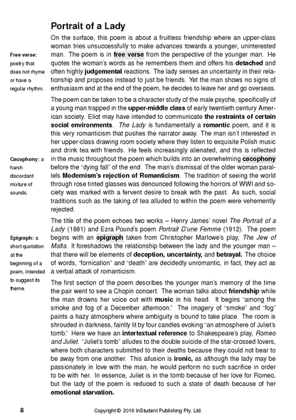 Text Guide page from InStudent Publishing Pty. Ltd. featuring black text, definitions, and commentary on a poem.