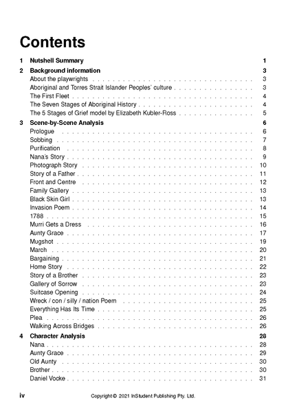 Contents page from a text guide by InStudent Publishing, displaying numbered sections like 'Background information' and 'Scene-by-Scene Analysis' in black text.