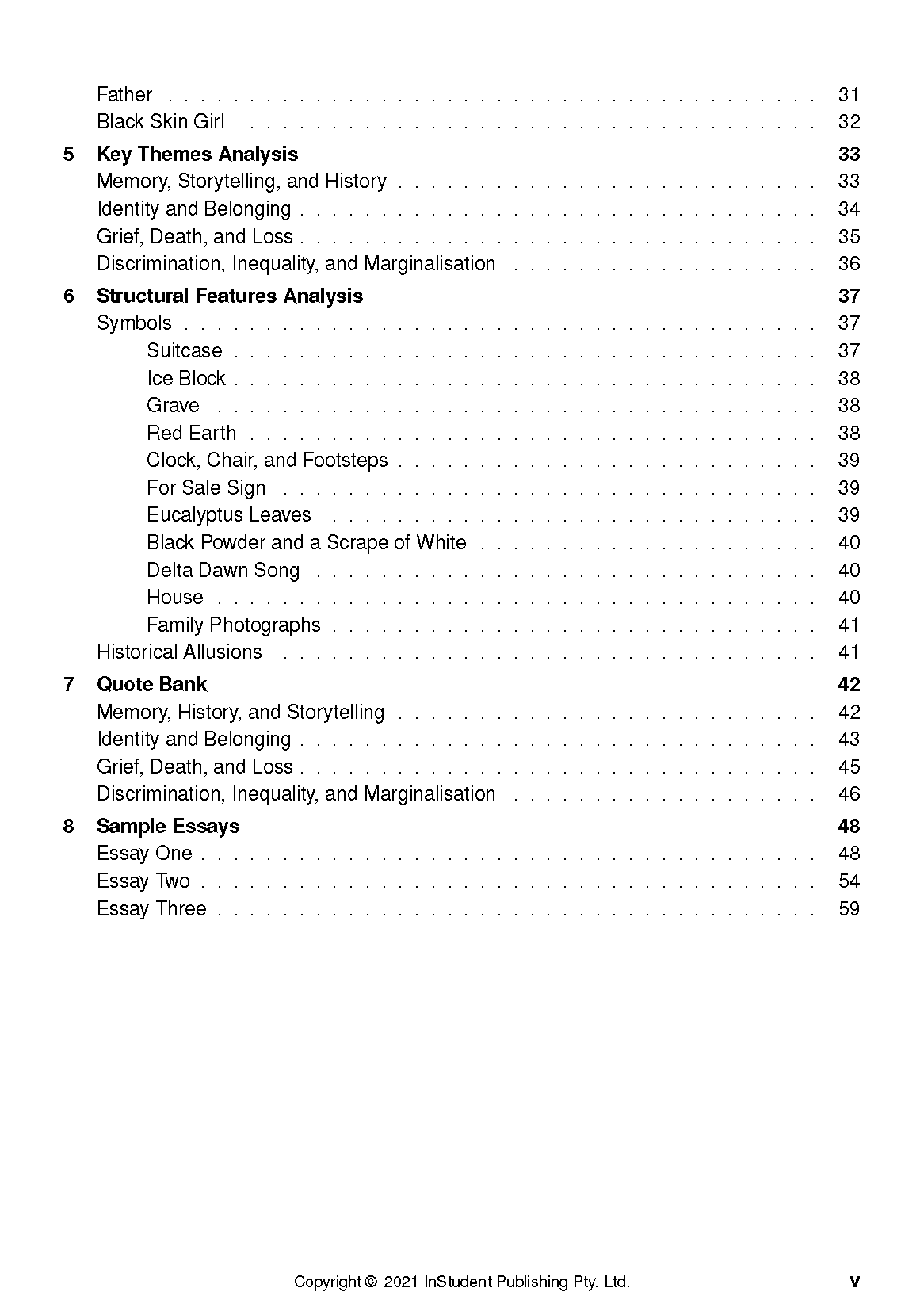 Text guide, full page view, with a white page from InStudent Publishing Pty. Ltd. displaying a table of contents with black text and page numbers.