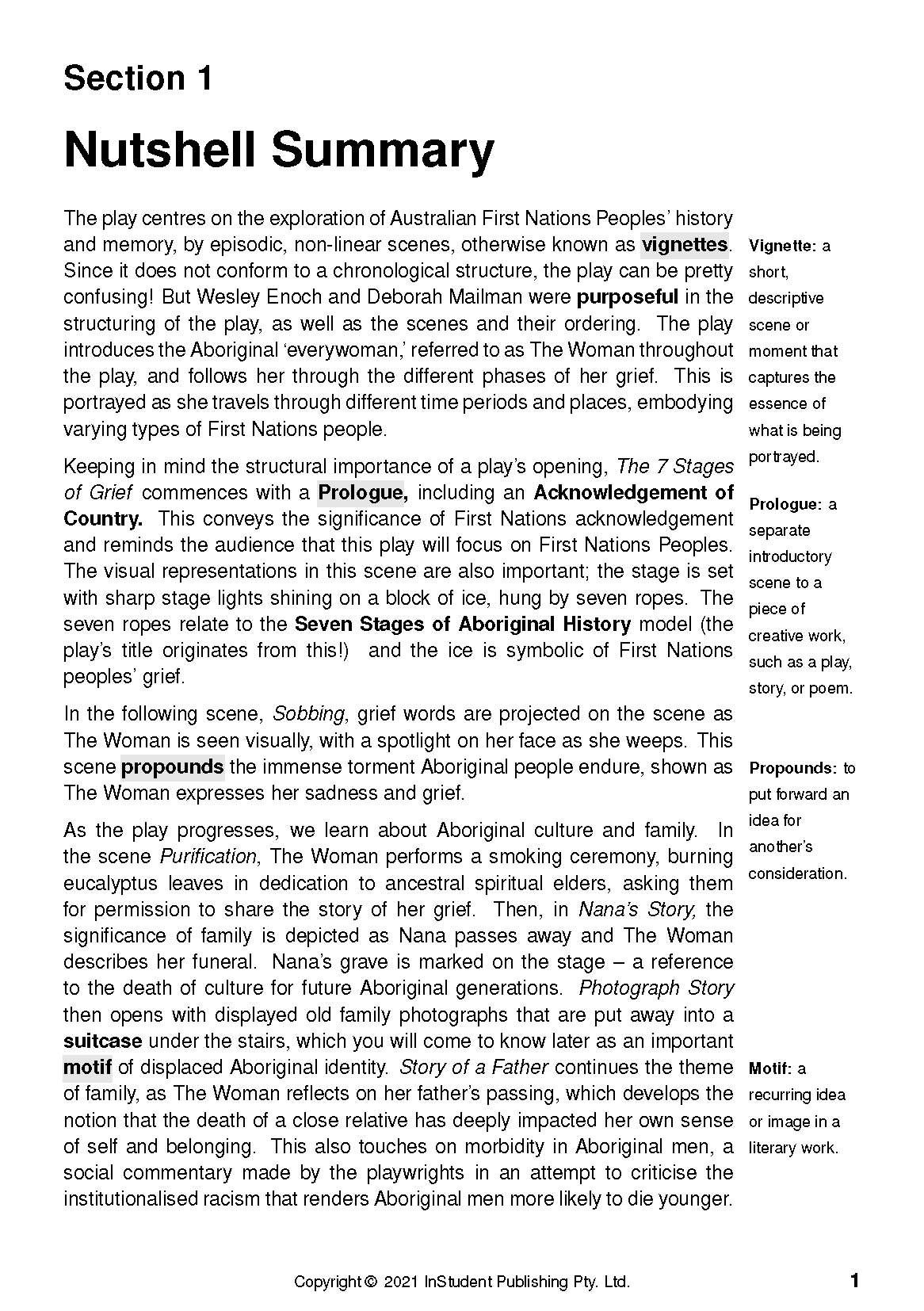 Text Guide by Wesley Enoch and Deborah Mailman, a white page displaying a Nutshell Summary with black text and side notes.