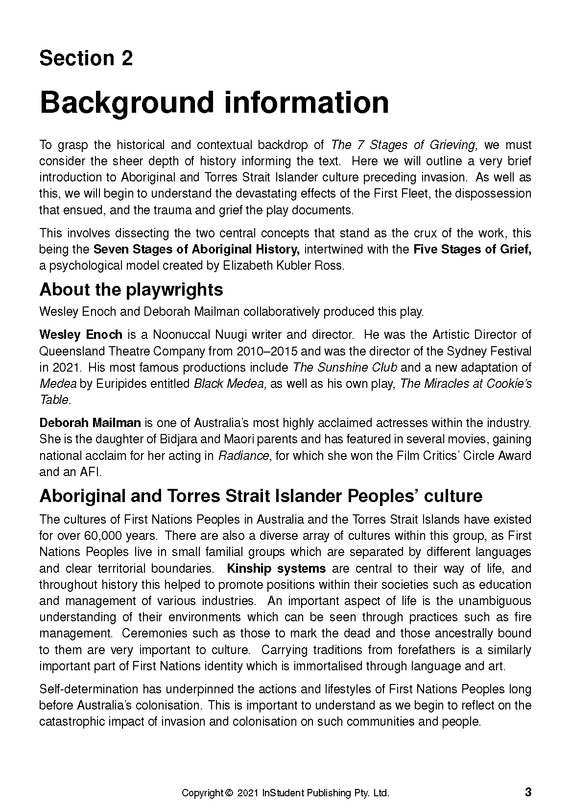 Text guide page by Wesley Enoch and Deborah Mailman with 'Section 2 Background information' heading and black text paragraphs.