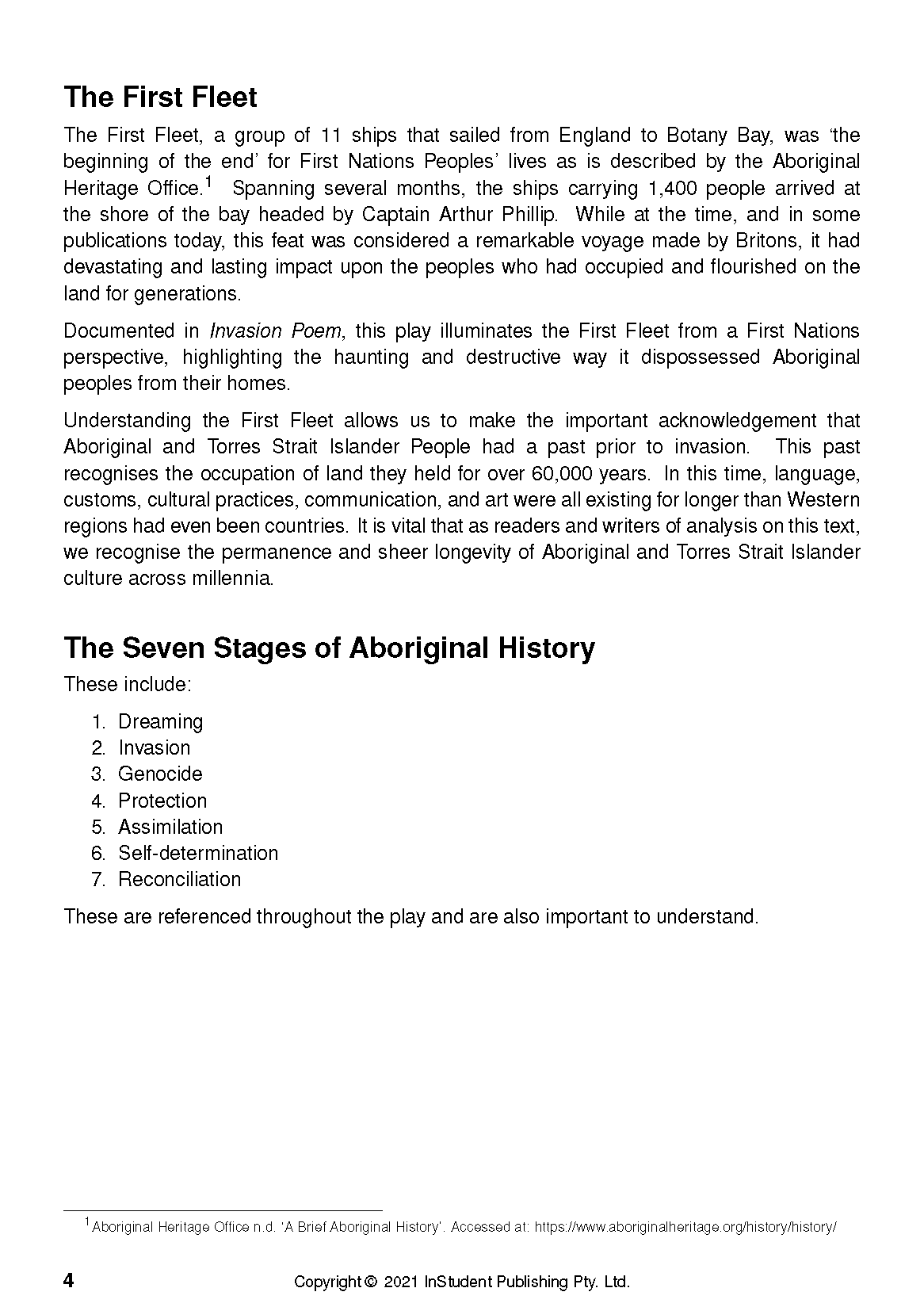 A cropped Text Guide page by Wesley Enoch and Deborah Mailman, detailing 'The First Fleet' and a numbered list of 'The Seven Stages of Aboriginal History'.