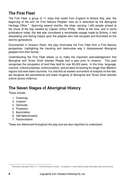 A cropped Text Guide page by Wesley Enoch and Deborah Mailman, detailing 'The First Fleet' and a numbered list of 'The Seven Stages of Aboriginal History'.