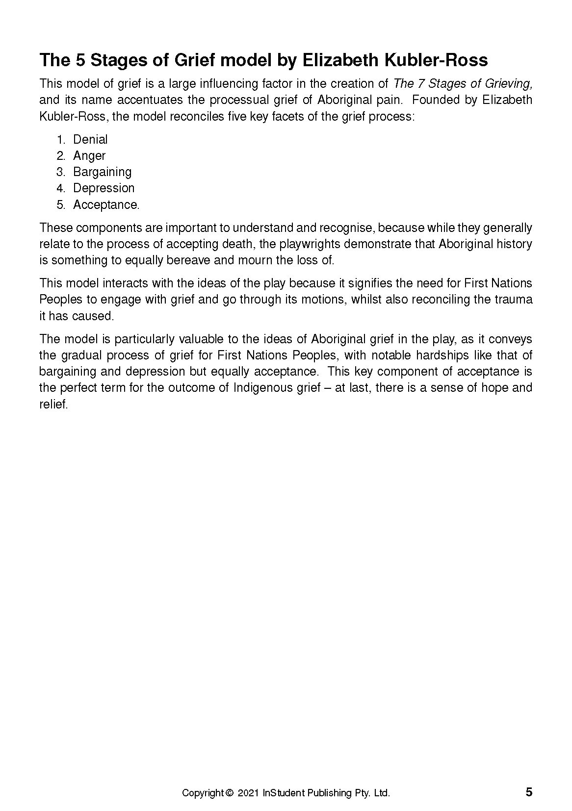 Text Guide by Wesley Enoch and Deborah Mailman, showing a white page with black text about Elizabeth Kubler-Ross's 5 Stages of Grief model and a numbered list.