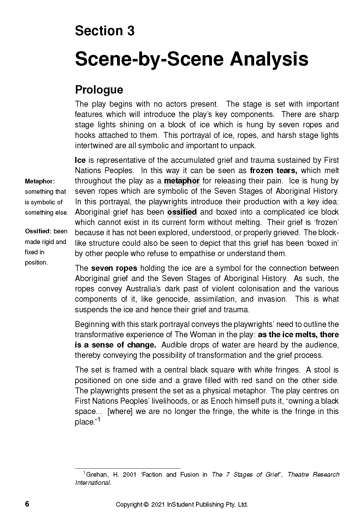Text Guide page for The 7 Stages of Grieving by Wesley Enoch and Deborah Mailman, showing Section 3 analysis and definitions.