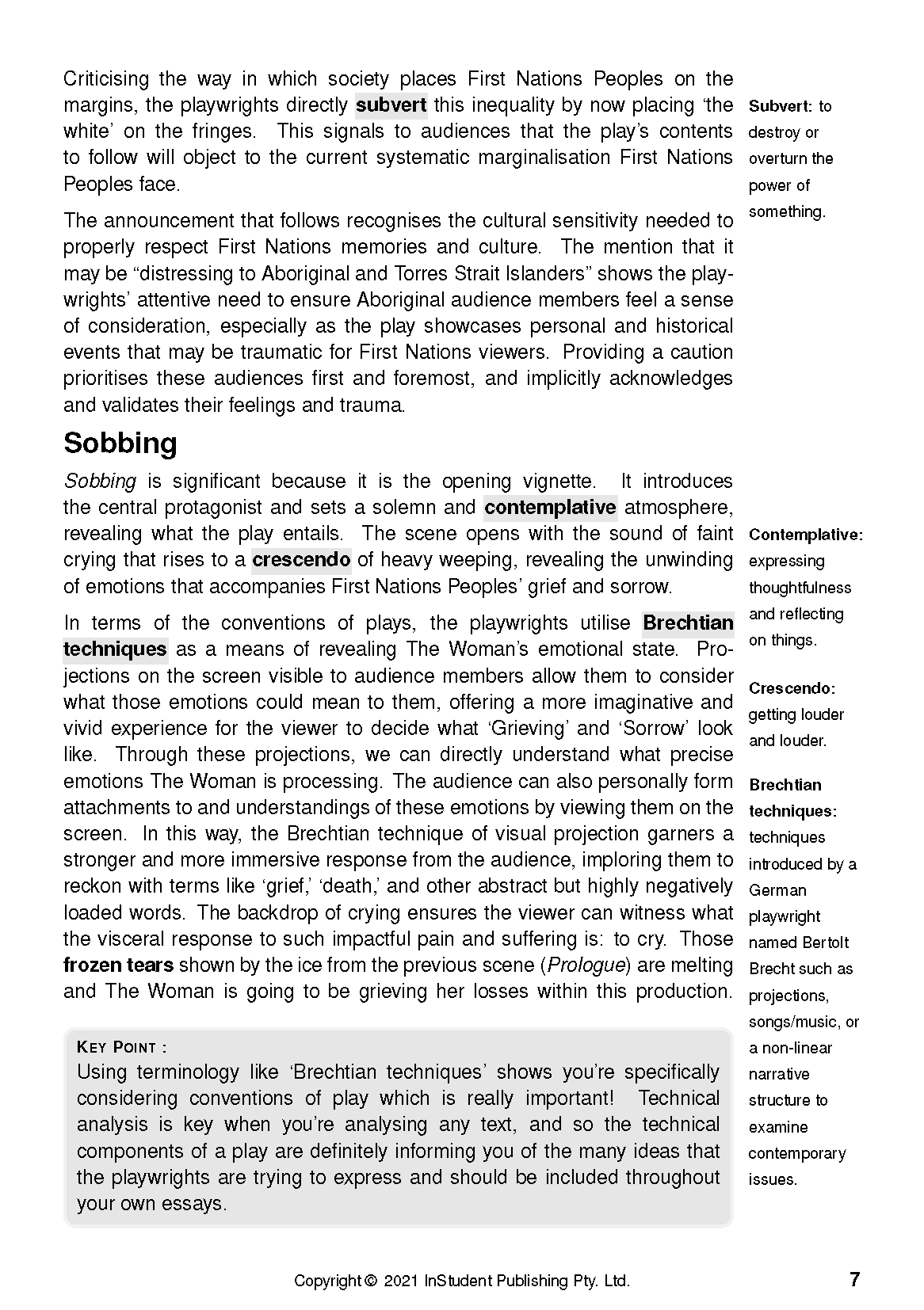 White page from a text guide by InStudent Publishing Pty. Ltd. with black text, highlighted terms, glossary definitions, and page 7 visible.