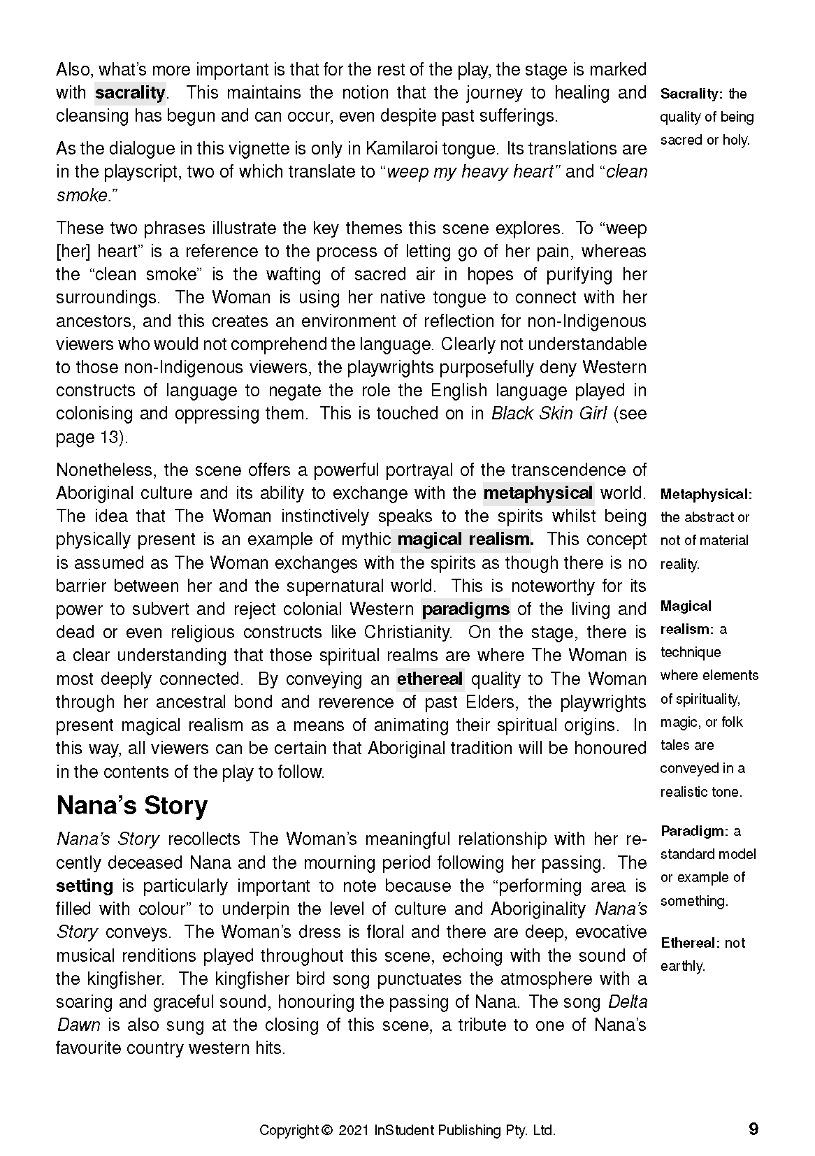 Text guide page with black text on white, featuring definitions and a 'Nana's Story' heading.