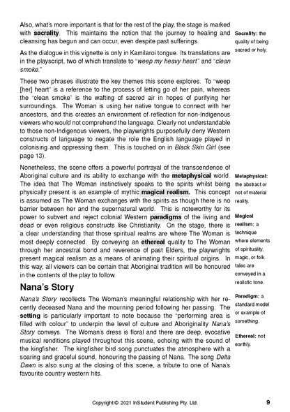 Text guide page with black text on white, featuring definitions and a 'Nana's Story' heading.