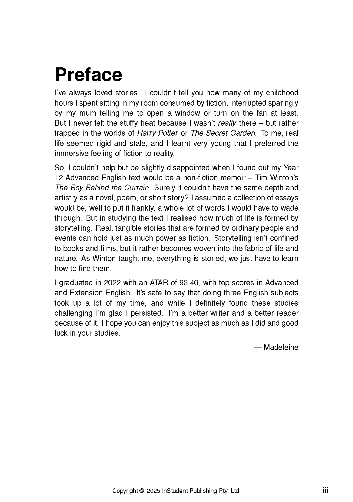 White text guide page by InStudent Publishing displaying the Preface section mentioning Tim Winton and "The Boy Behind the Curtain".