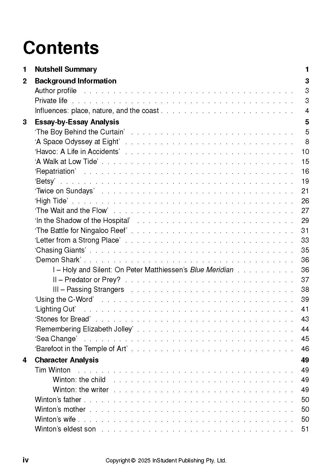Text Guide for The Boy Behind the Curtain by Tim Winton from InStudent Publishing Pty. Ltd., showing its detailed table of contents.
