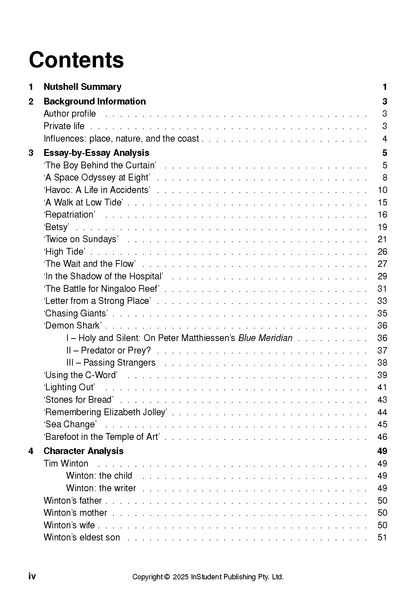 Text Guide for The Boy Behind the Curtain by Tim Winton from InStudent Publishing Pty. Ltd., showing its detailed table of contents.