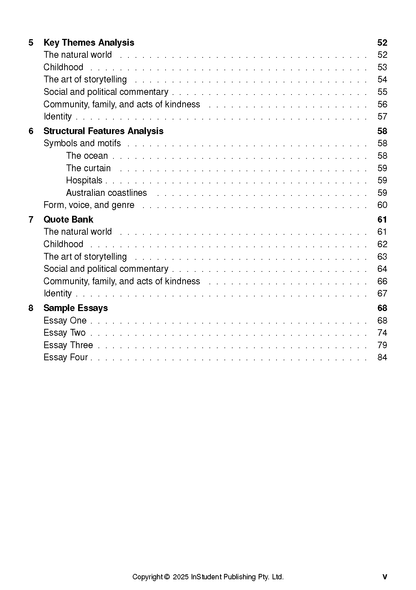 Text Guide by InStudent Publishing Pty. Ltd. for 'The Boy Behind the Curtain' by Tim Winton, displaying a table of contents with numbered sections and page numbers.