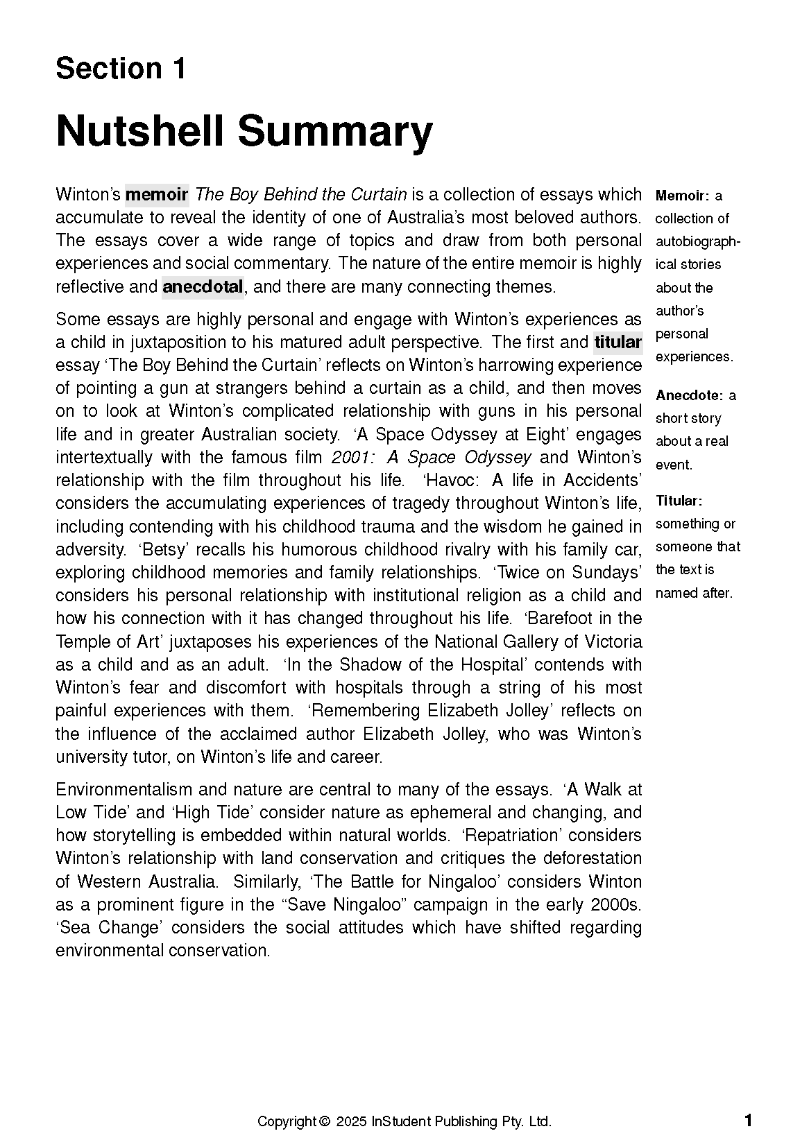 Text guide page featuring 'Section 1 Nutshell Summary' with black text and definitions on a white background.