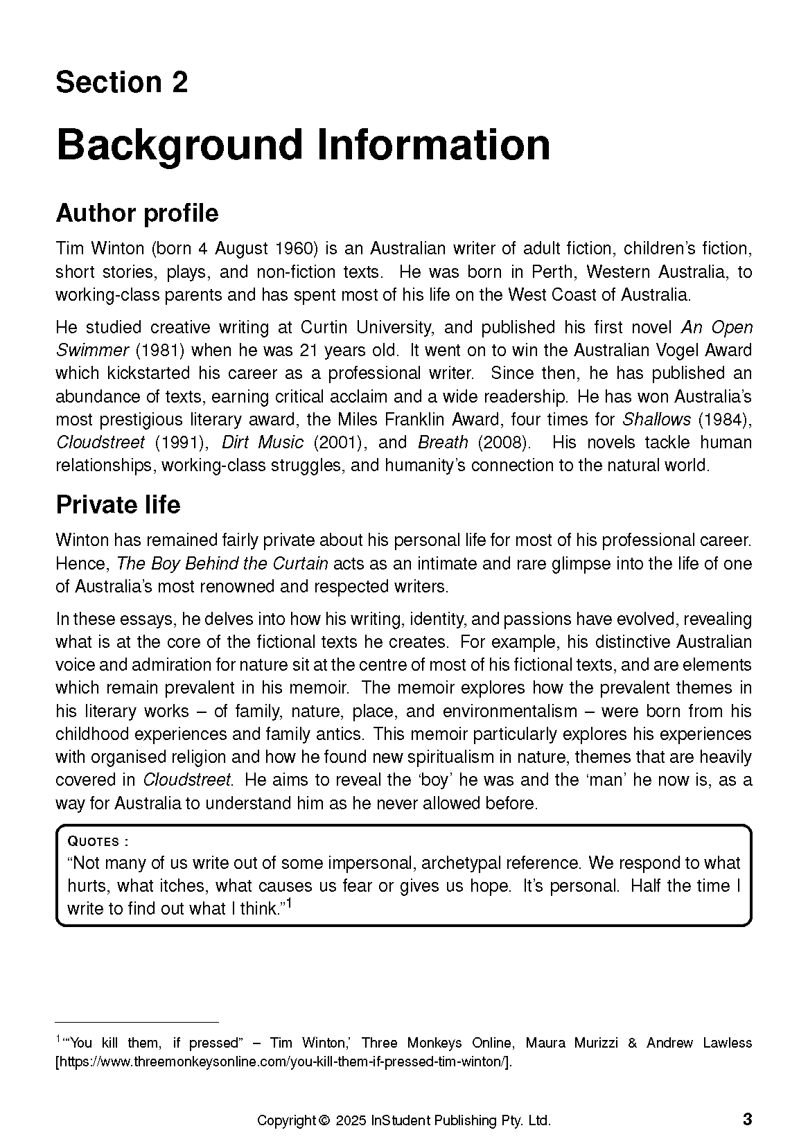 Text Guide by Tim Winton, a white page with black text detailing the author's background, private life, and a quote.