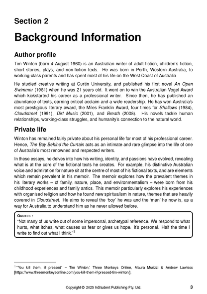 Text Guide by Tim Winton, a white page with black text detailing the author's background, private life, and a quote.