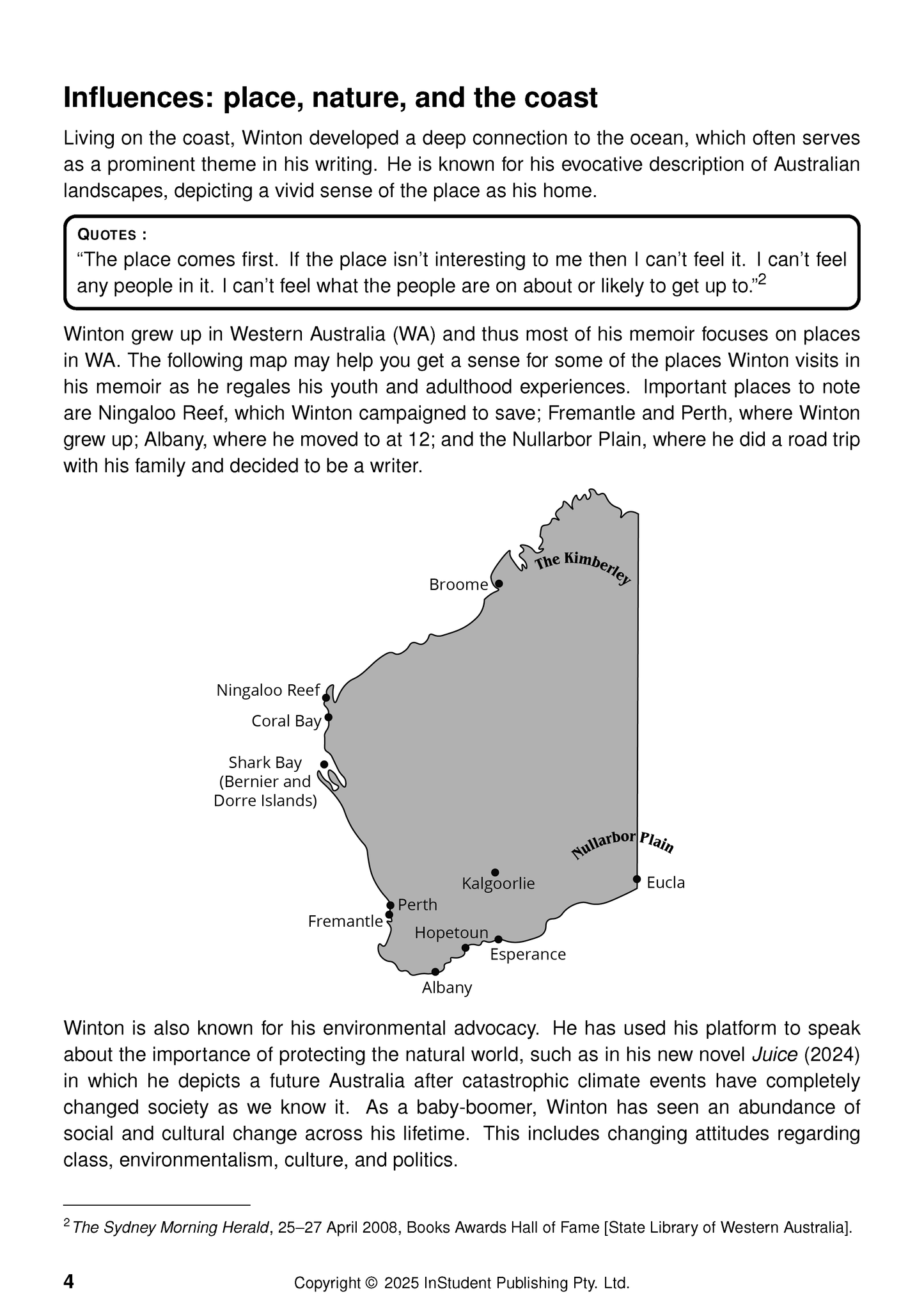 Text guide page about Tim Winton's influences, featuring a map of Western Australia and a quote box.