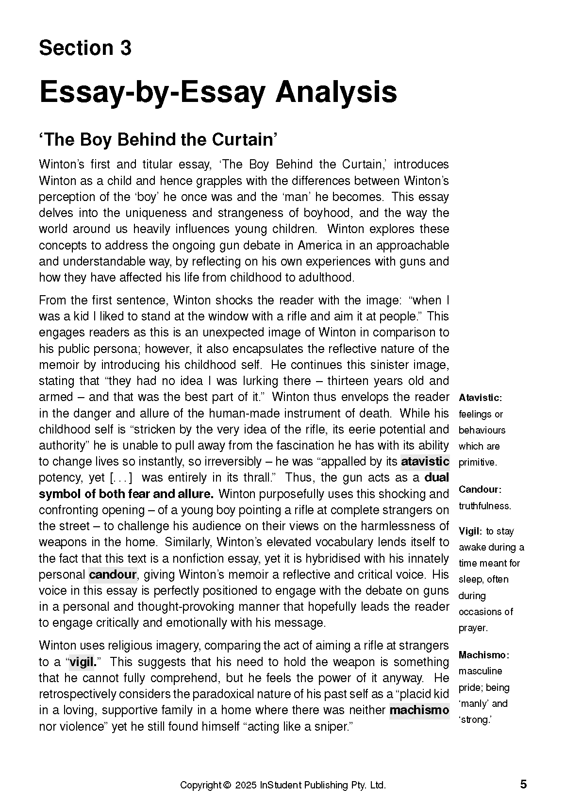 Text Guide for The Boy Behind the Curtain by Tim Winton, displaying analysis text, section headings, and vocabulary definitions on a white page.