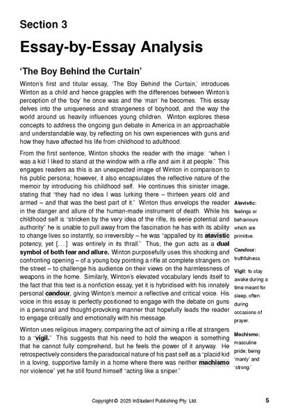 Text Guide for The Boy Behind the Curtain by Tim Winton, displaying analysis text, section headings, and vocabulary definitions on a white page.