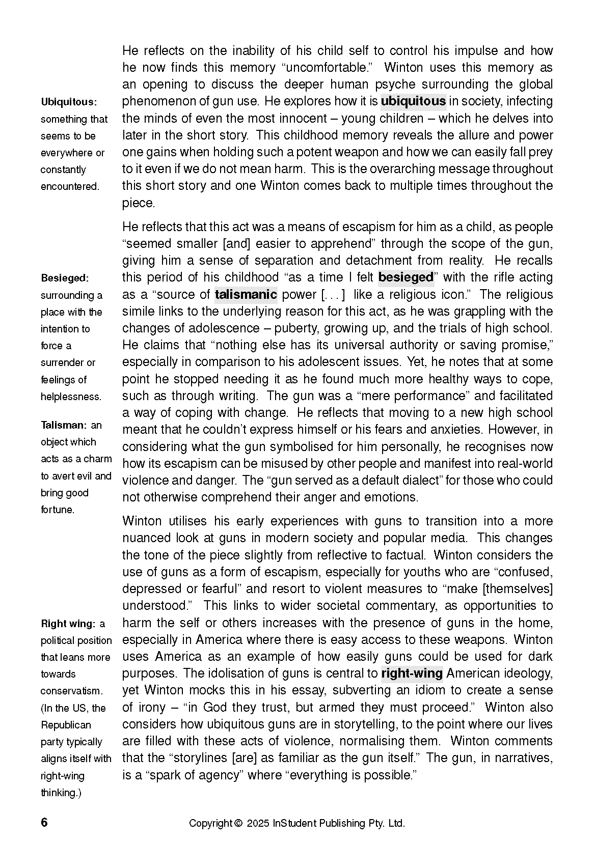 Text Guide page from 'The Boy Behind the Curtain' by Tim Winton, showing definitions and analysis with highlighted terms.