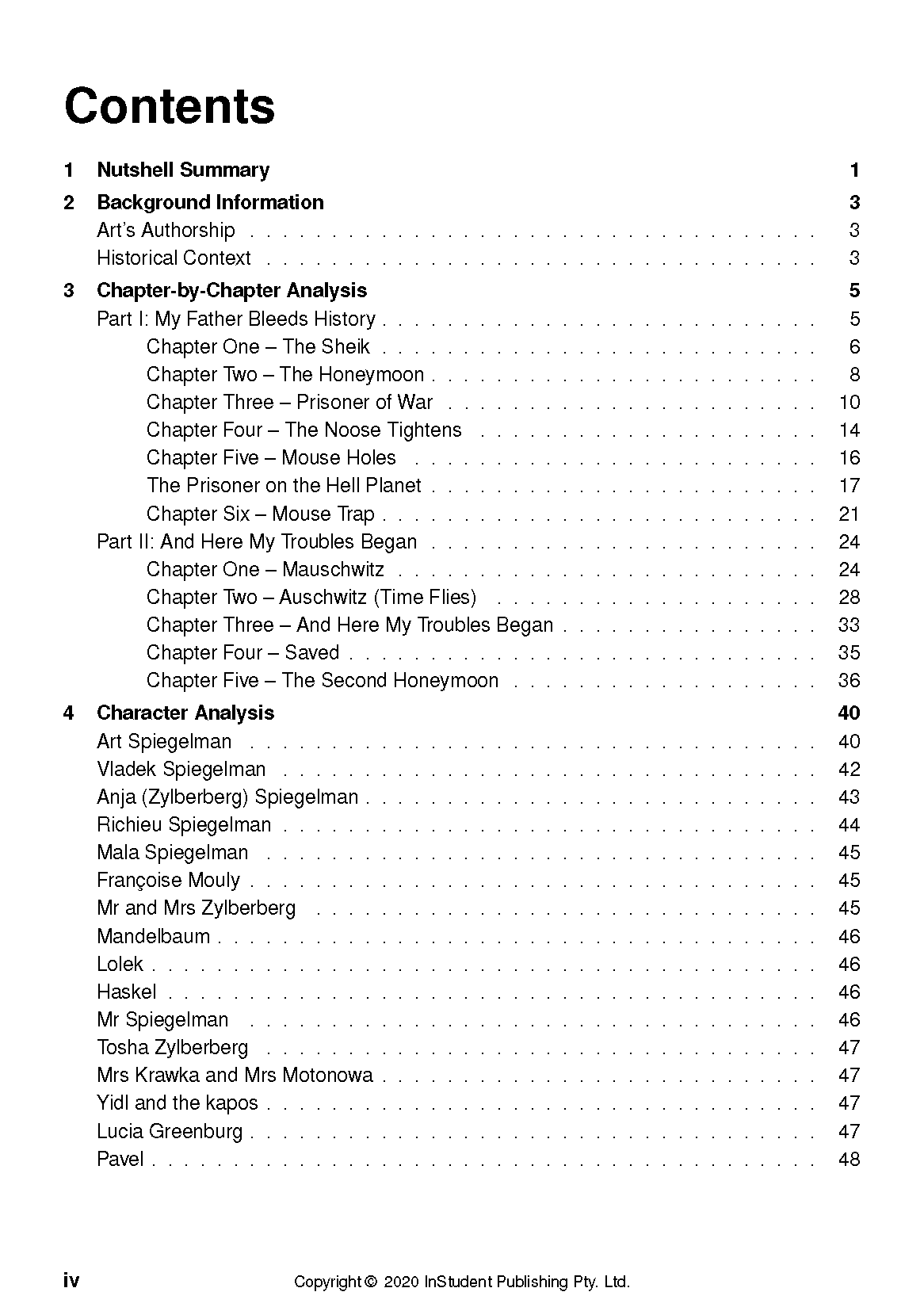 White text guide page by InStudent Publishing displaying a contents list for 'The Complete Maus' with numbered sections.