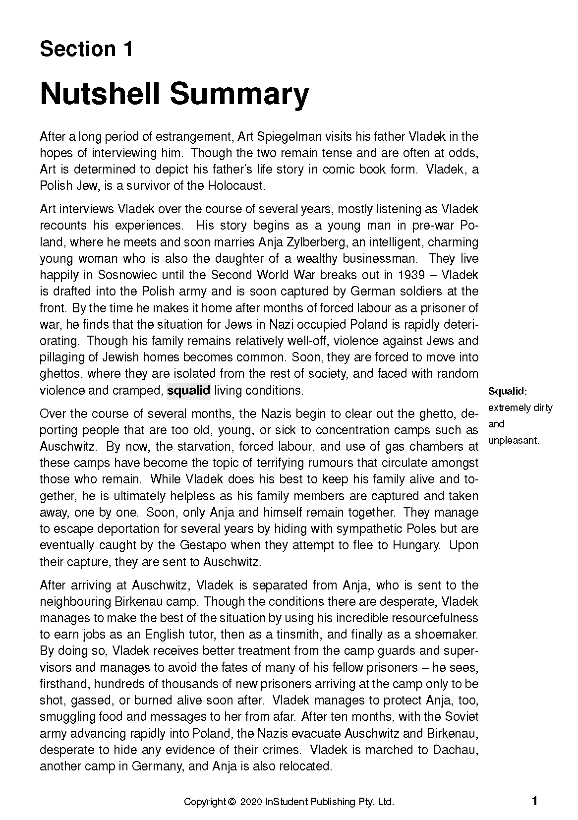 Text guide by InStudent Publishing Pty. Ltd., showing Section 1 Nutshell Summary page for Art Spiegelman's Maus.