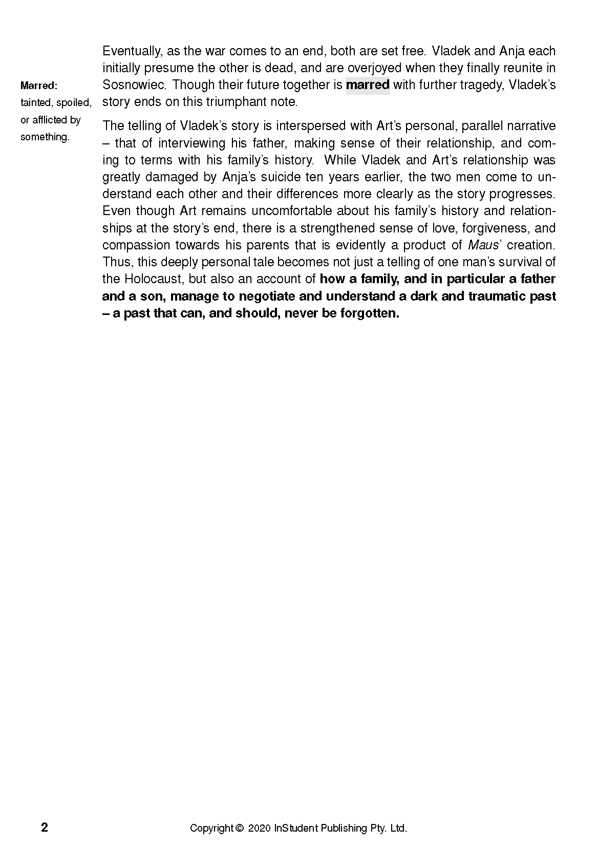 Text Guide on The Complete Maus by Art Spiegelman from InStudent Publishing Pty. Ltd., displaying a page with text analysis, 'Marred' definition, and a bolded conclusion.