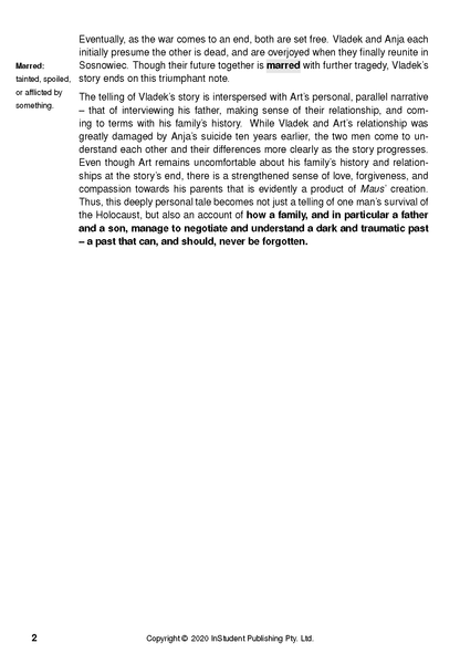 Text Guide on The Complete Maus by Art Spiegelman from InStudent Publishing Pty. Ltd., displaying a page with text analysis, 'Marred' definition, and a bolded conclusion.