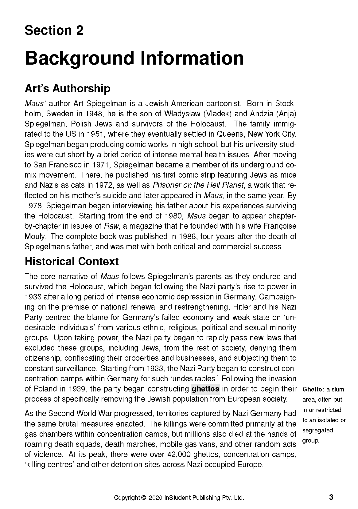 White text guide page for The Complete Maus with black text, featuring "Section 2," "Art's Authorship," and "Historical Context" headings, plus a glossary box.
