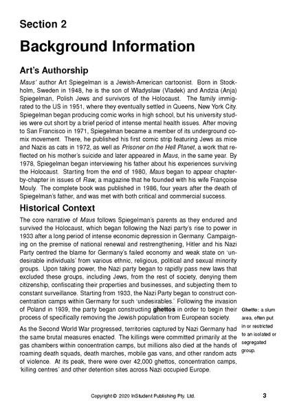 White text guide page for The Complete Maus with black text, featuring "Section 2," "Art's Authorship," and "Historical Context" headings, plus a glossary box.