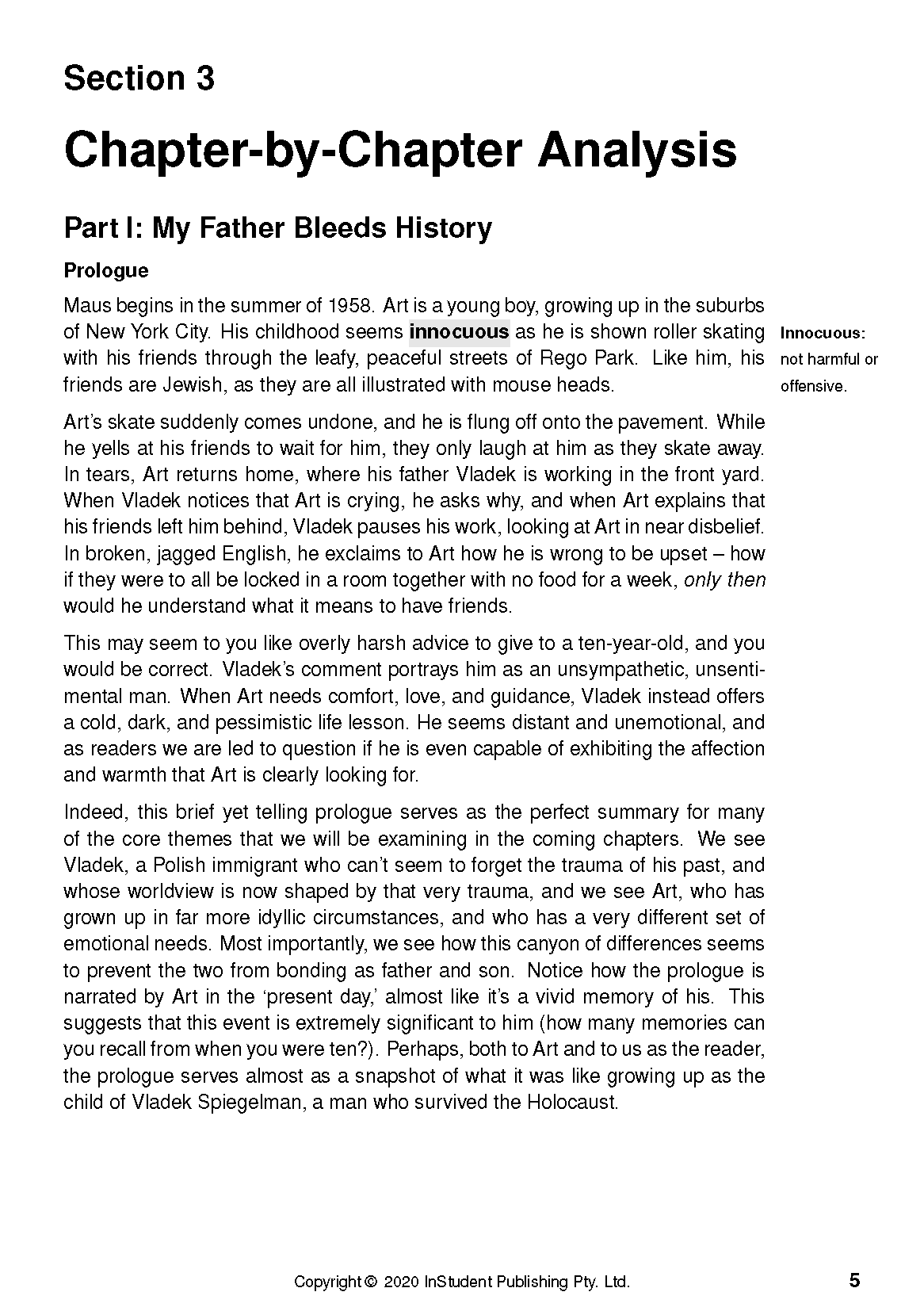 Text Guide page for The Complete Maus, showing Section 3 Chapter Analysis of the Prologue, with black text on a white background.