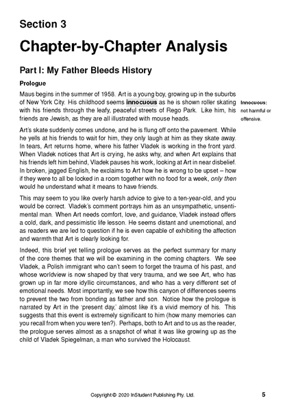 Text Guide page for The Complete Maus, showing Section 3 Chapter Analysis of the Prologue, with black text on a white background.