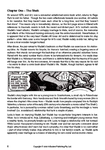 Text guide page with dense black text on a white background and a black and white comic panel.